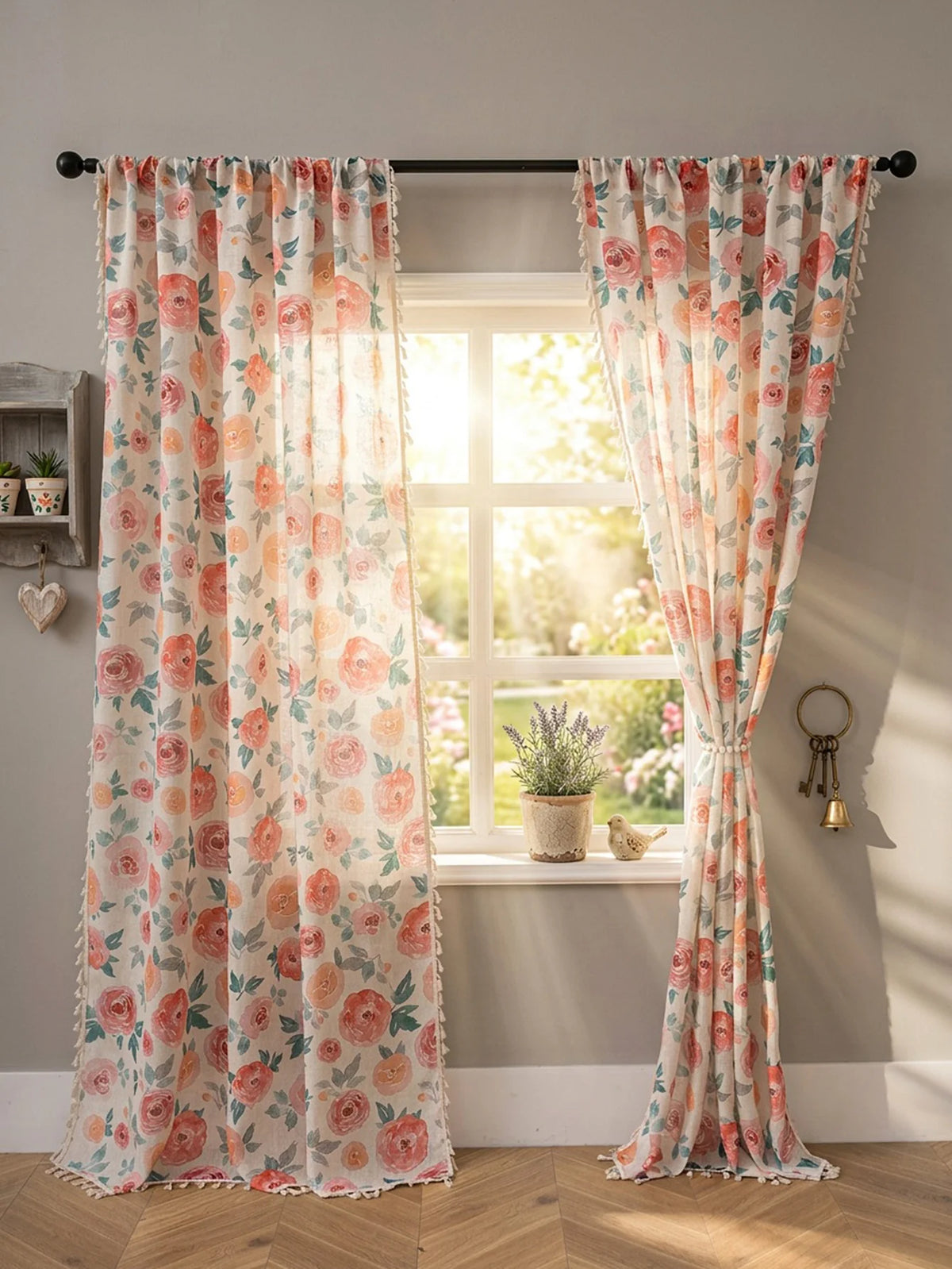 rideaux floral rose motif aquarelle bohème translucides franges salon chambre