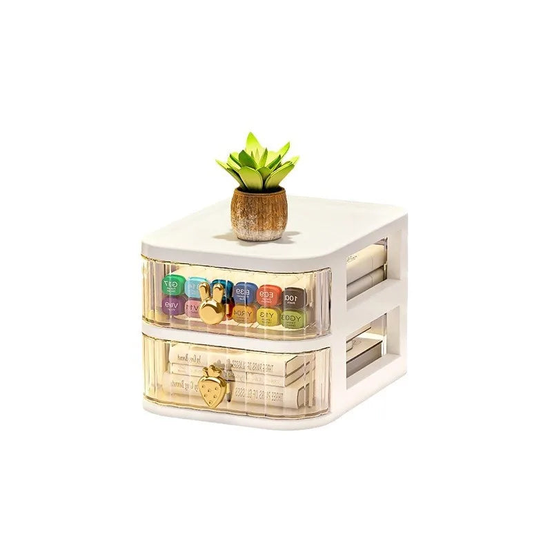 boîte rangement tiroirs transparentes poignées coeurs blanc rose beige