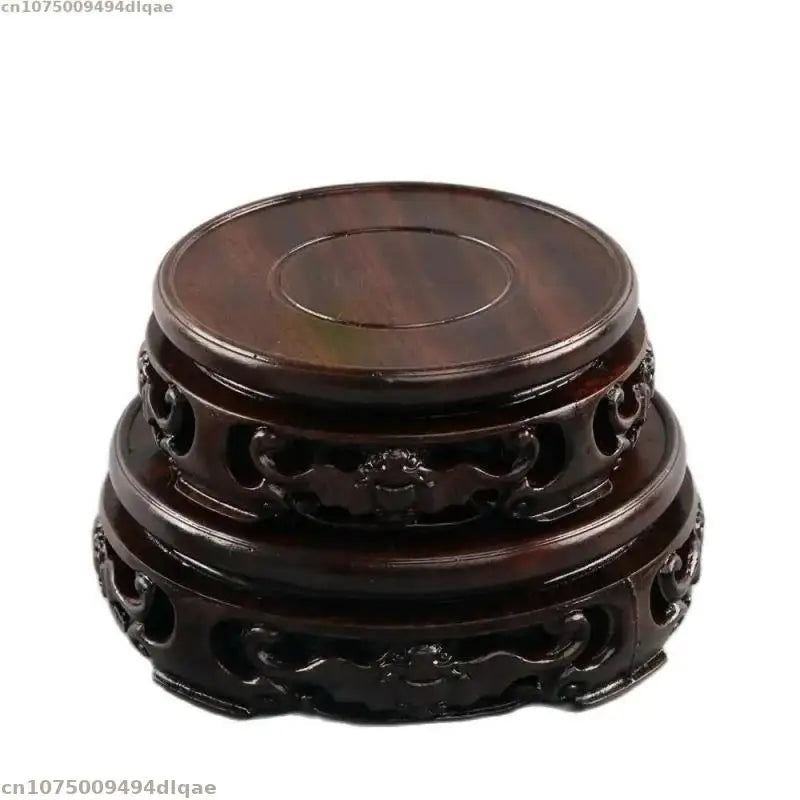 support bois sculpté motifs floraux artisanal decor maison marron foncé tranchant deco vase pot