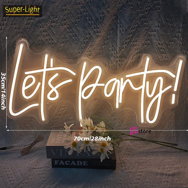 néon lumineux blanc let's party moderne câble électrique 70x35cm minimalisteOpaque