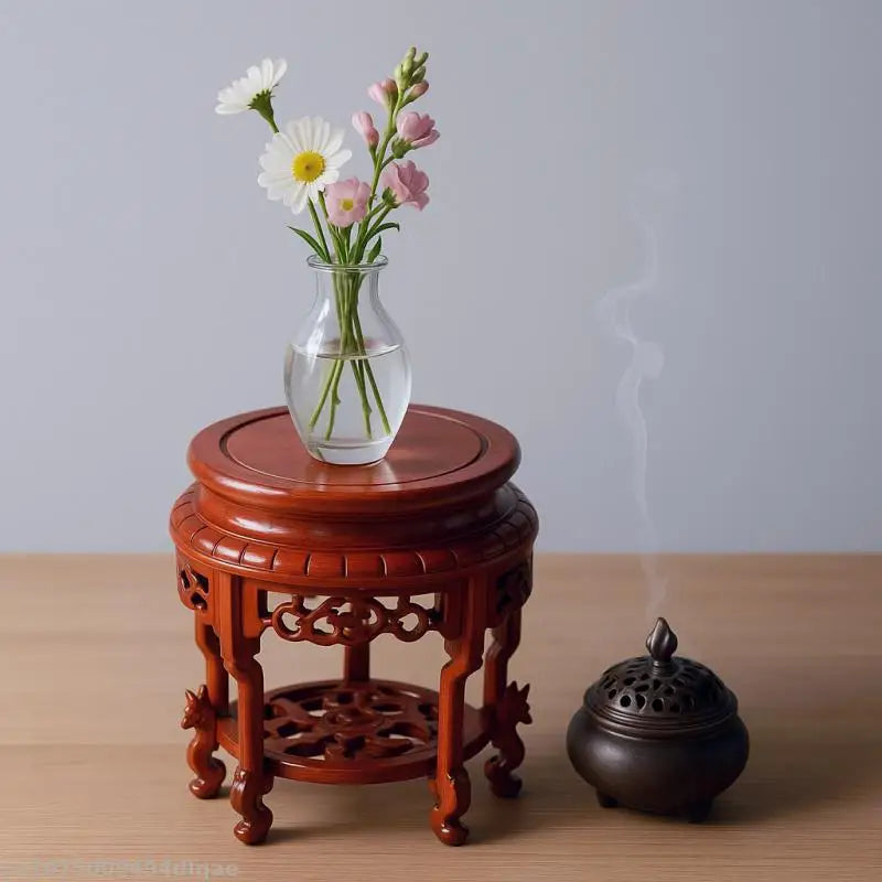 support bois sculpté asiatique traditionnel base plante décoration intérieure vintage trépidation florale complexe