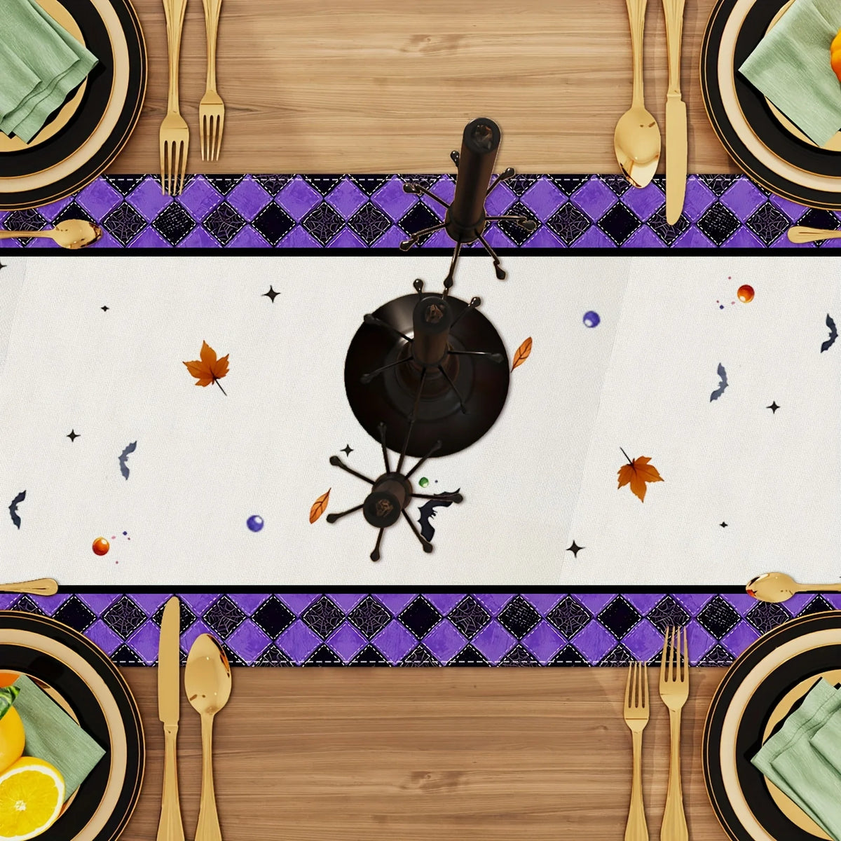table cuisine halloween violet blanc citrouille chat chapeau sorcière feuilles automne