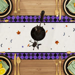 table cuisine halloween violet blanc citrouille chat chapeau sorcière feuilles automne
