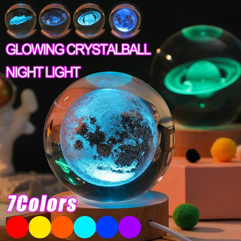 veilleuse boule cristal galaxie saturne transparente base bois minimaliste led éclairage maison decoration