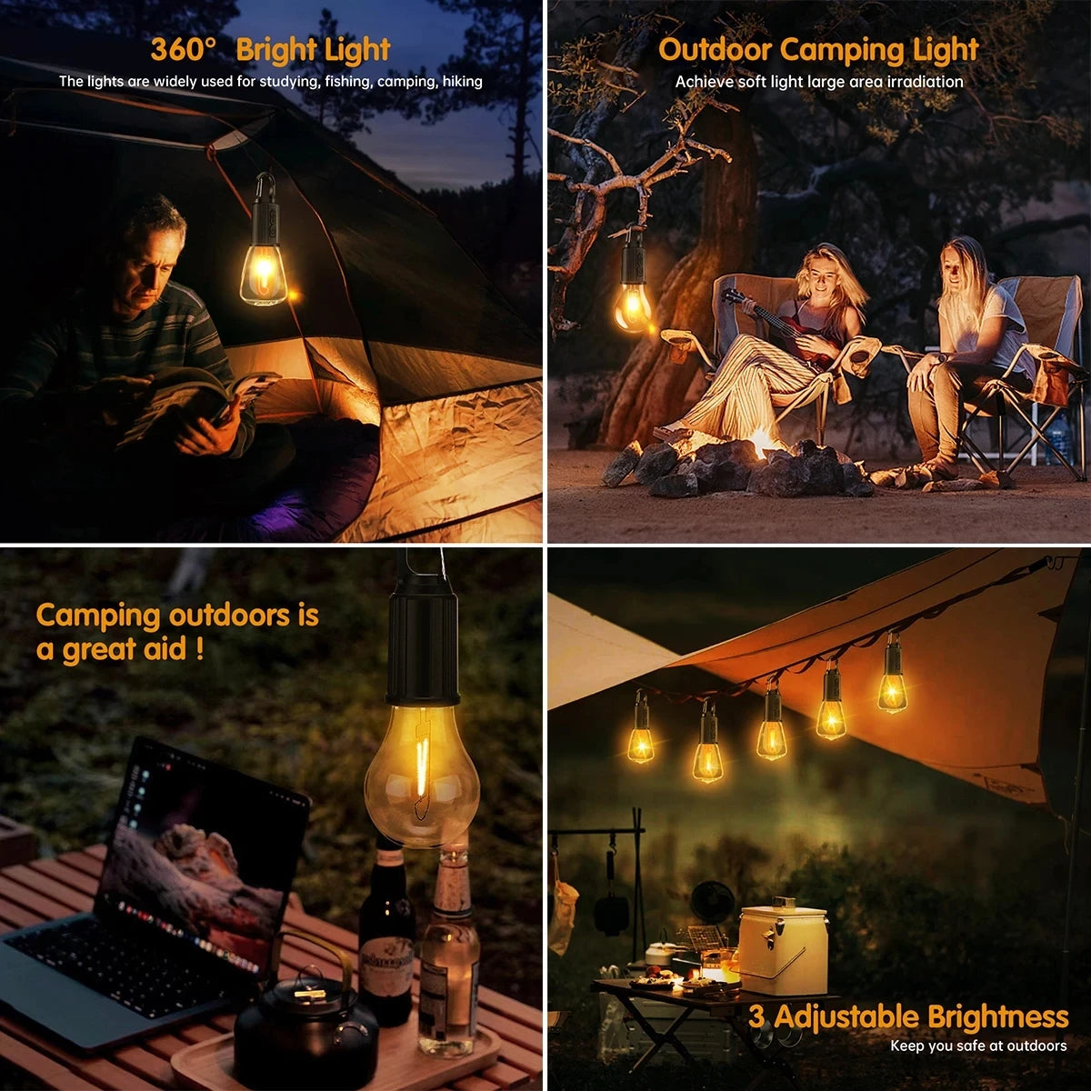 lampe camping led rechargeable usb transparente crochets modes luminość adjustable