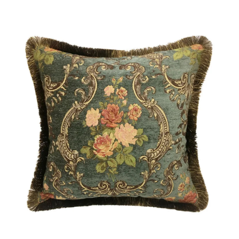 coussin décoratif carré motif floral rose feuilles vert foncé classique tissu chenille 45x45cm