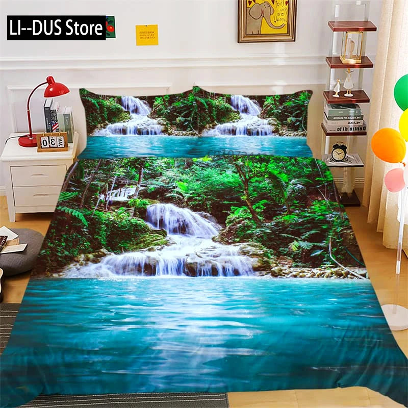 Housse de couette nature vert fougère et bleu ensemble 3 pièces