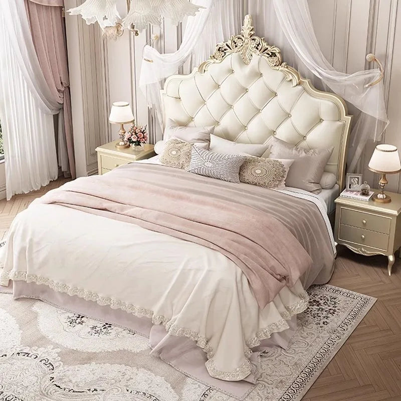 lit matelas 190x172cm simili cuir beige clair classique oreillers minimaliste moderne chambre coucher