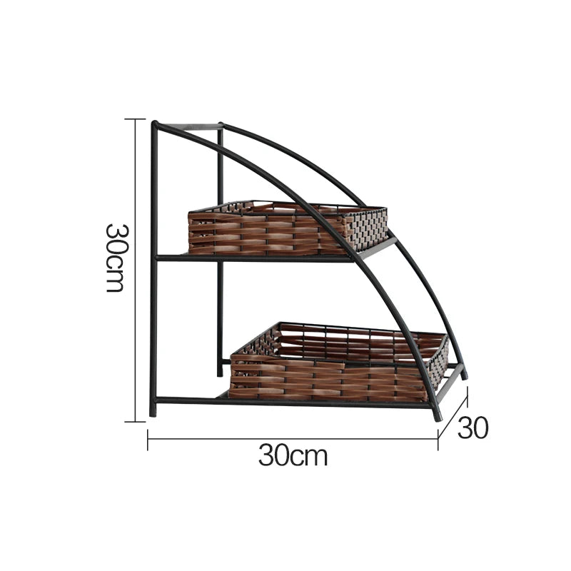 étagère moderne rustique paniers rotin structure métallique noir brun clair multifonctionnelle rangement cuisine