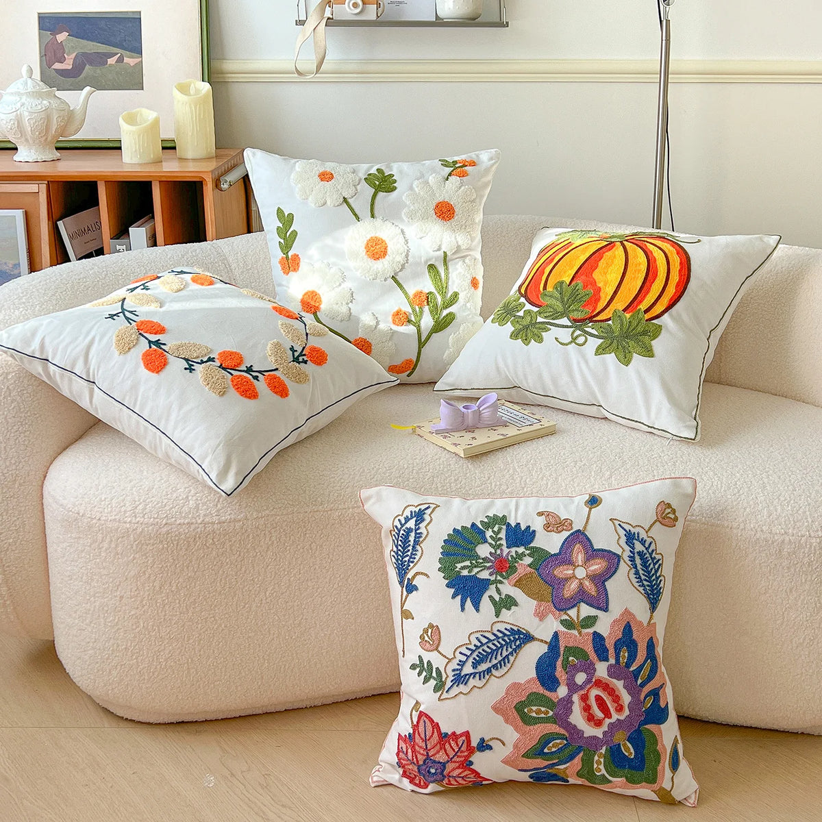 taies d'oreiller brodées motifs floraux coton polyester 45x45cm couleurs variées décoration intérieure coussins décoratifs