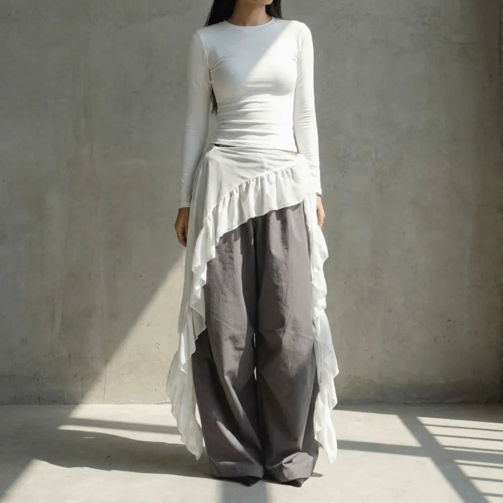 jupe asymétrique volants noir blanc léopard transparente bohème minimaliste liens nouer pantalon ample