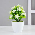 plantes artificielles bonsaï violettes rouges jaunes blanches pot blanc mousse verte décoration moderne extérieur