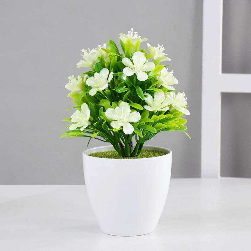 plantes artificielles bonsaï violettes rouges jaunes blanches pot blanc mousse verte décoration moderne extérieur