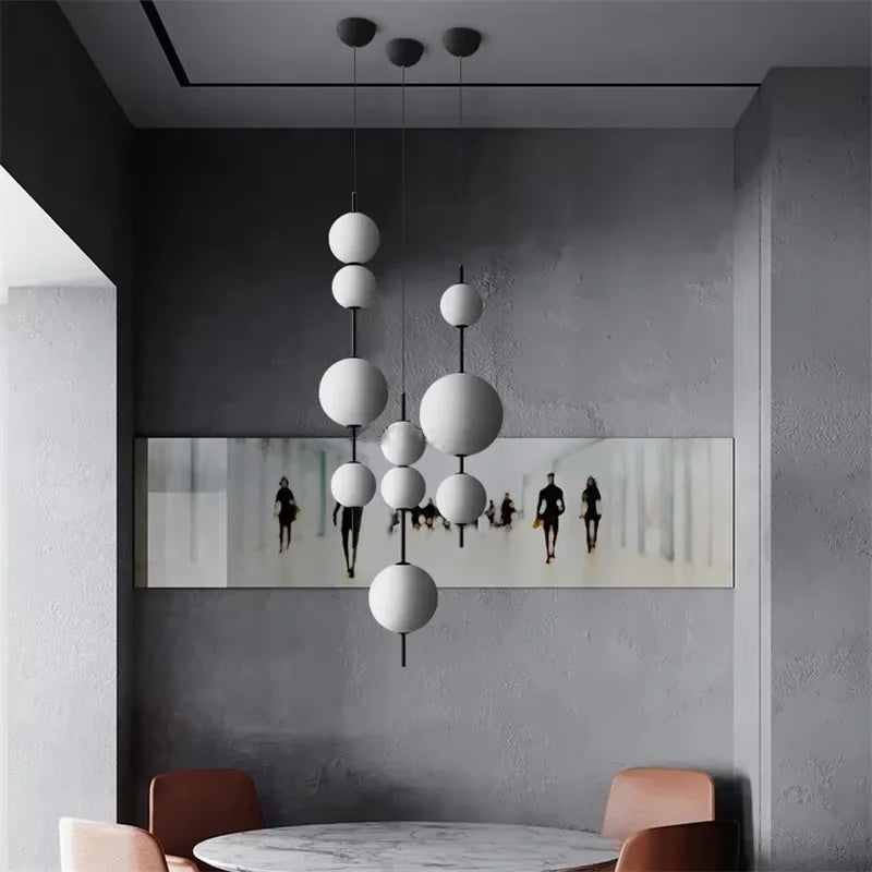 lustre suspension boules verre blanc moderne opalescent encastré minimaliste chambre salle manger