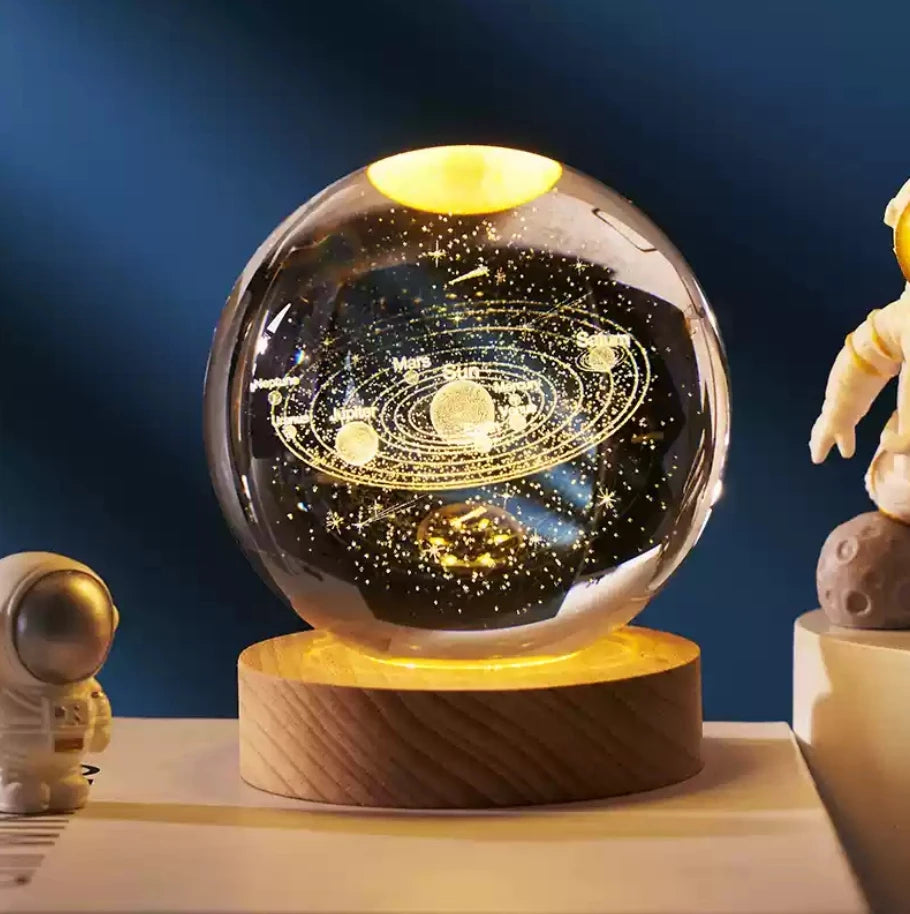 boule cristal galaxie planètes étoiles artisanat 3d base bois figurines astronaute chambre coucher veilleuse