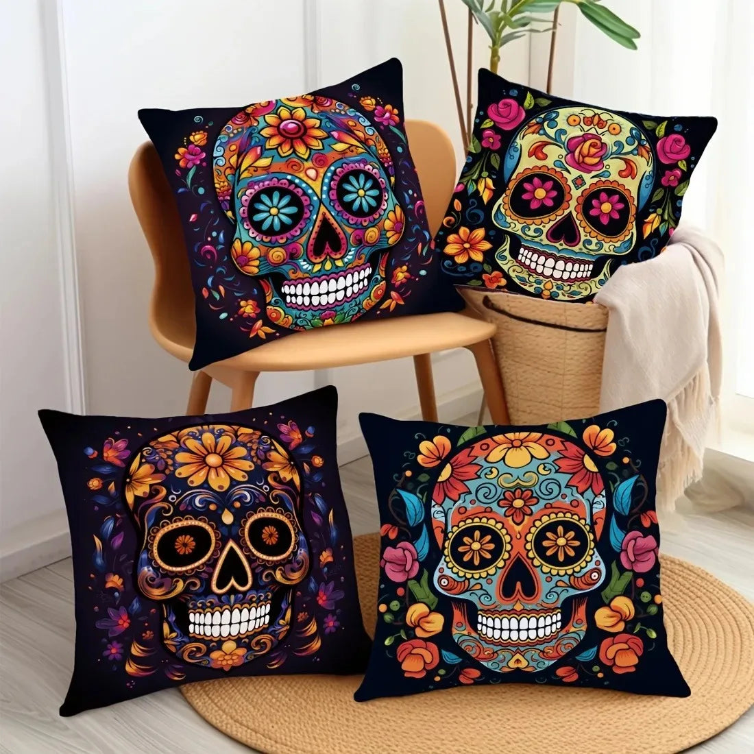 taies d'oreiller halloween crâne fleurs colorées deco maison lit polyester opacité artistique