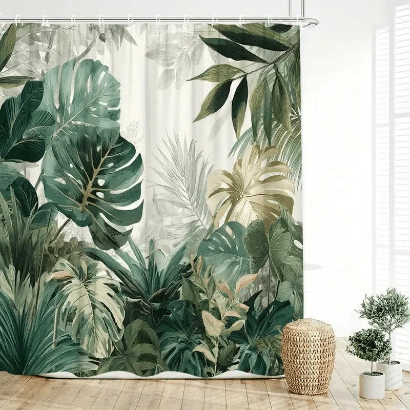 rideau douche feuilles tropicales moderne vert blanc opaque crochet douche grande taille jacquard polyester