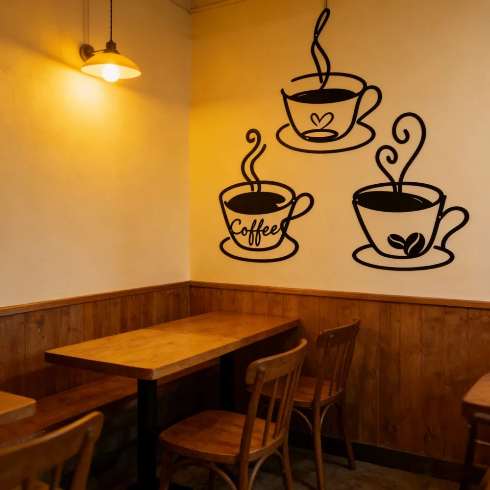 décoration murale moderne tasses motifs cœur textes coffee noires minimaliste