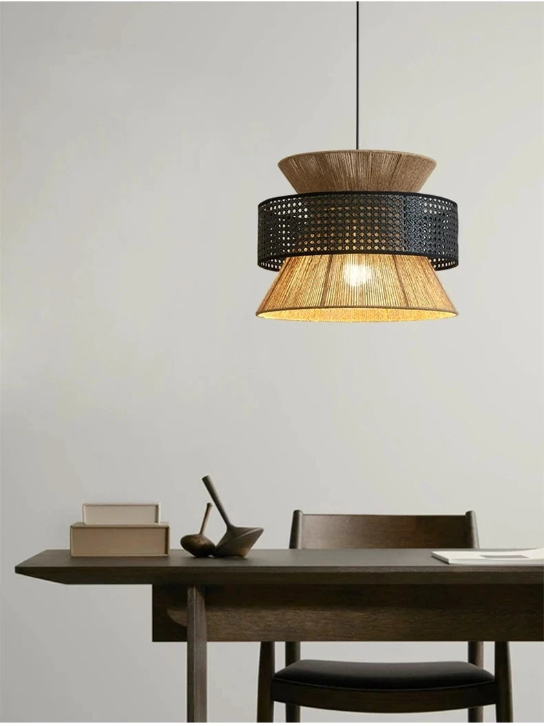 suspension luminaire osier tressé corde chanvre rustique moderne restaurant bar intérieur