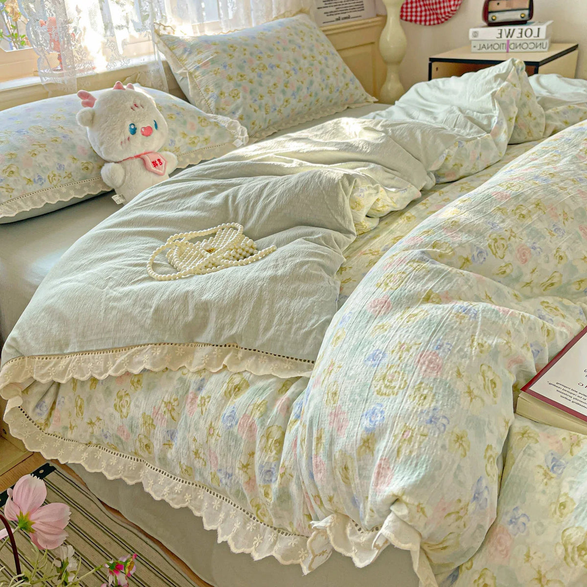 ensemble literie fleuri coton 100% blanc pastel romantique taies d'oreiller drap plat
