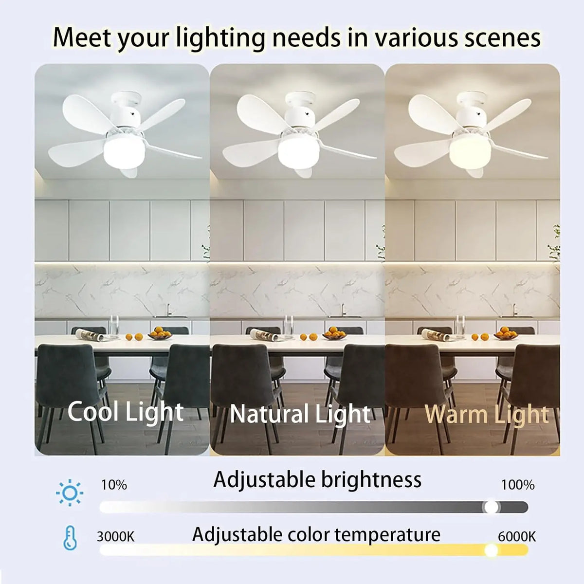 ventilateur lampe intégrée noir blanc moderne minimaliste télécommande inclusion lumière pales abs