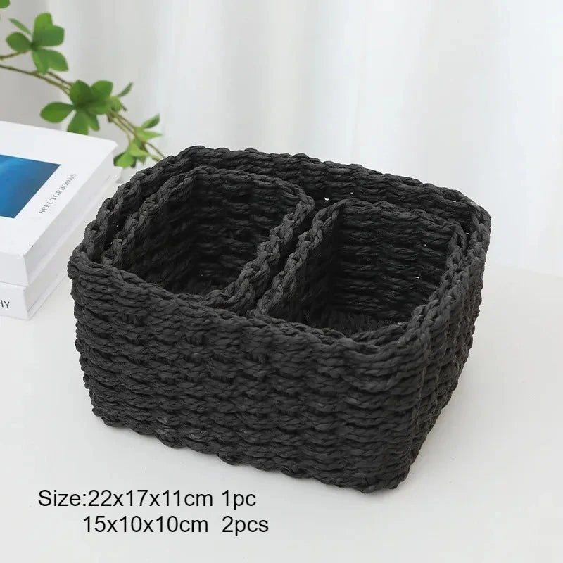 paniers rangement tissage corde fibre végétale réutilisables gris noir beige blanc opacité rustique naturel