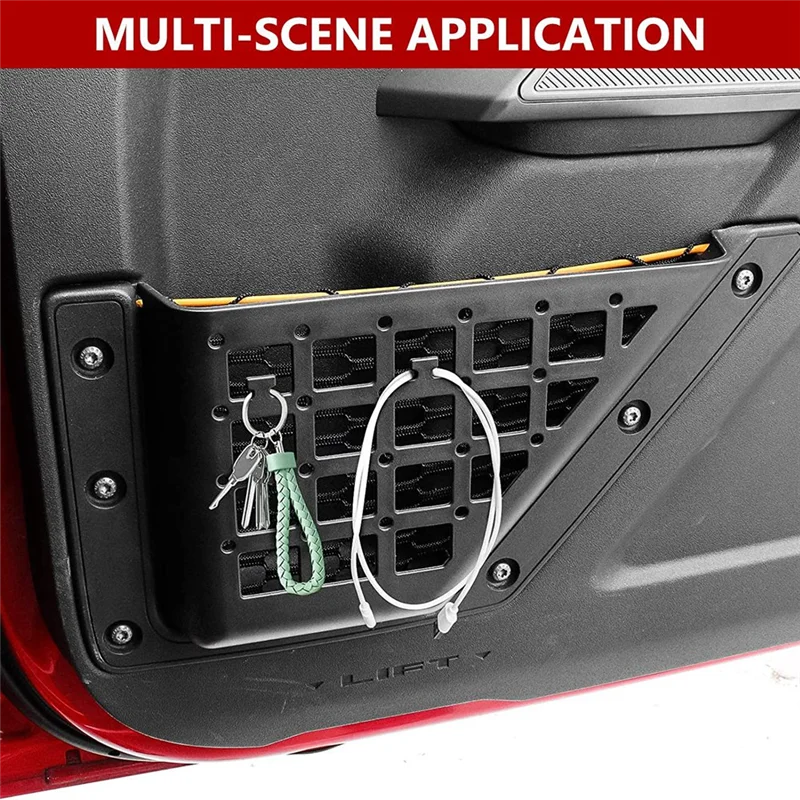 rangement porte voiture ford bronco noir rouge grille perforée utilitaire offroad vis fixations bouteilles