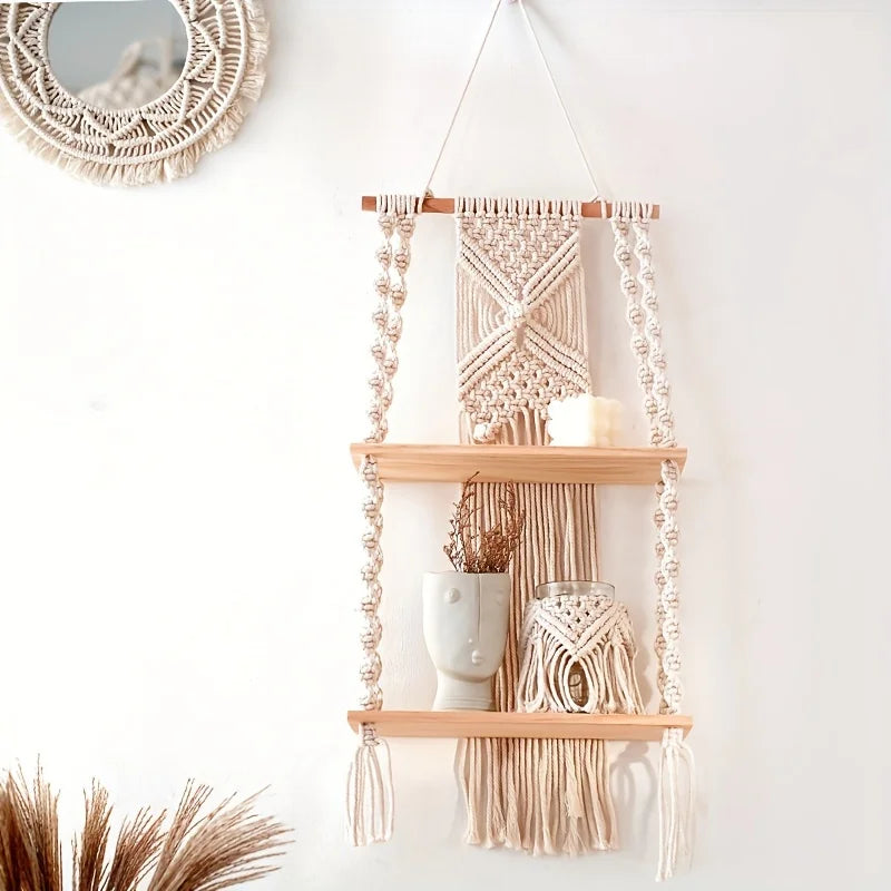 étagère murale macramé boho deux niveaux bois beige clair noeuds réguliers artisanal plante séchée