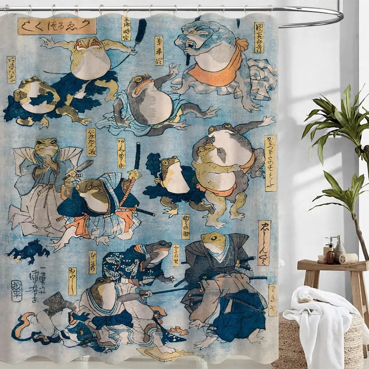 rideau douche japonais grenouilles motifs traditionnels bleu clair beige salle bains opacité illustration folklorique
