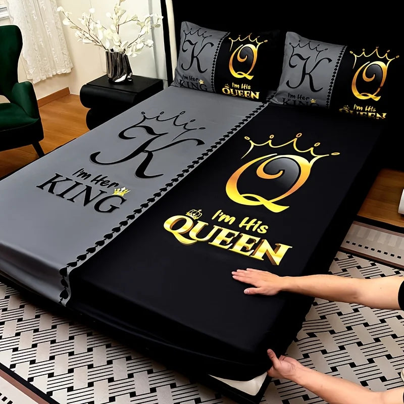 ensemble literie noir gris moderne plaid lettres couronne king queen doré lit housse polyester