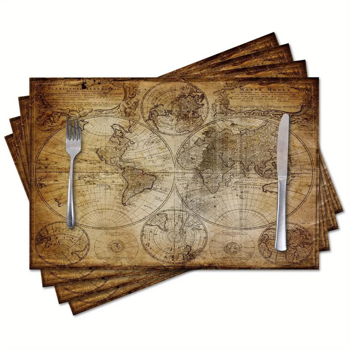 serviettes table vintage marron clair carte ancienne lin rustique décoration cuisine assiette bleue fourchette