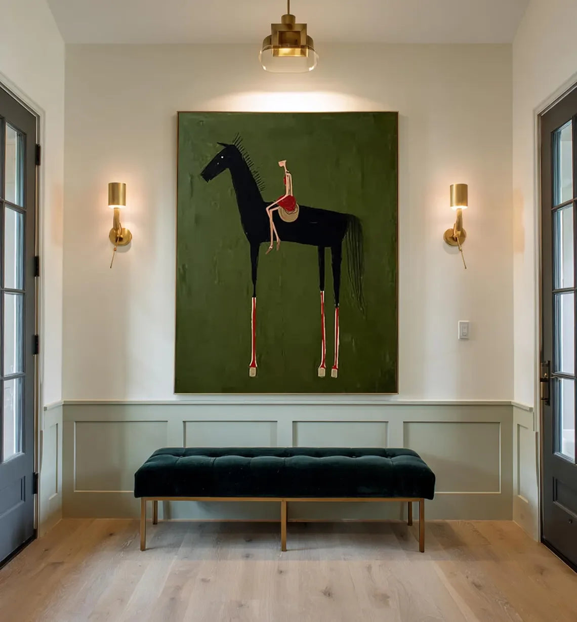 toile d'art contemporaine cheval noir fond vert abstraction décor intérieur horizontal sans cadre huile
