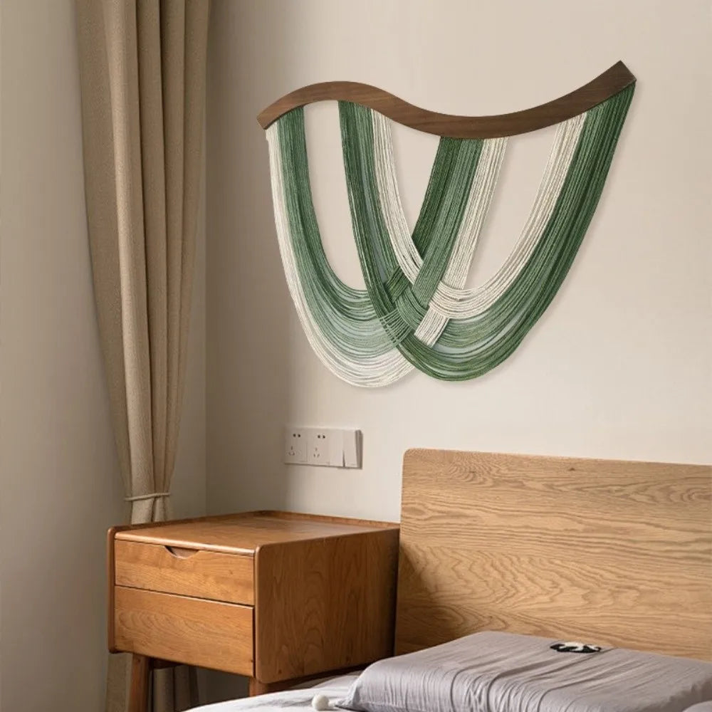 décoration murale moderne art abstrait spirales tissage vert blanc sans cadre bois coton