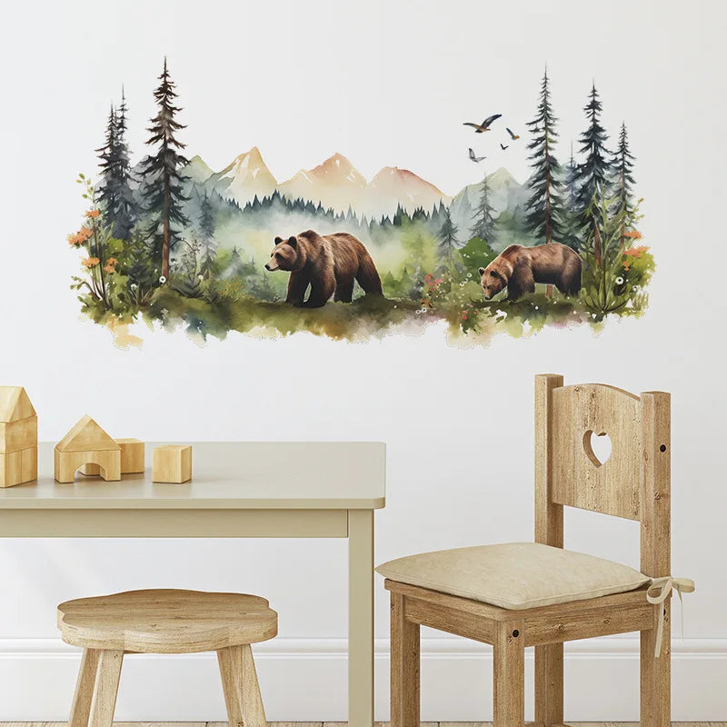 sticker mural ours forestier paysage aquarelle decoration maison chambre enfants moderne