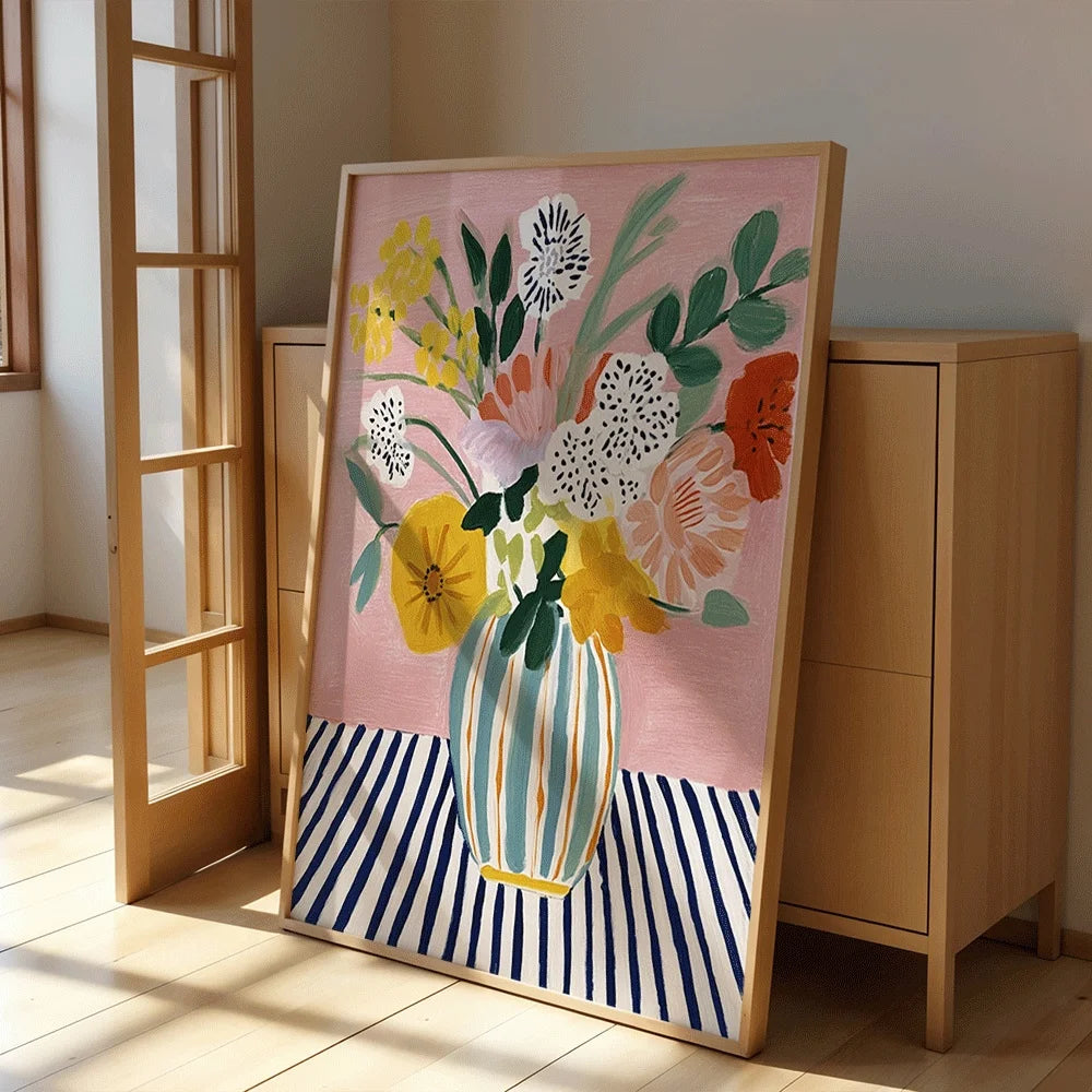 tableau moderne floral bouquet fleurs stylise vase raye chambre salon decoration erotique minimalist toile