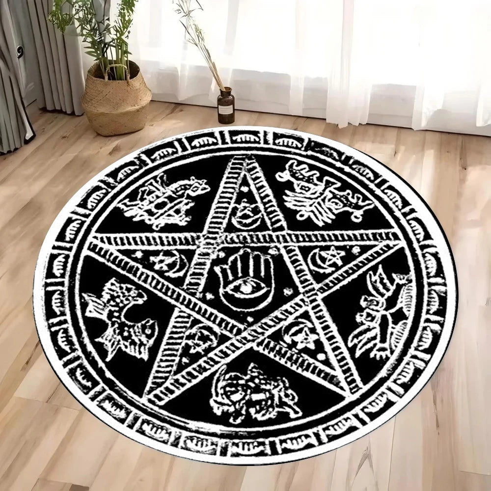 tapis noir blanc motifs géométriques symboles religieux tête bête 80x80cm moderne gothique decoration maison
