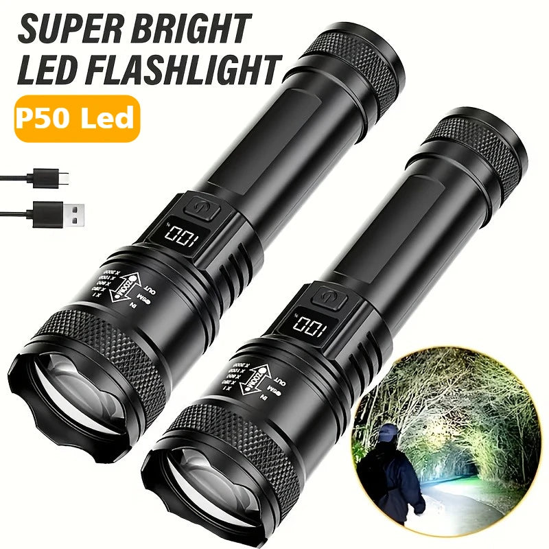 lampe torche led rechargeable usb super lumineuse zoomable mode réglable camping randonnée