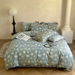 ensemble literie coton lin bleu gris motifs floraux drap plat taies oreillers vintage douillet