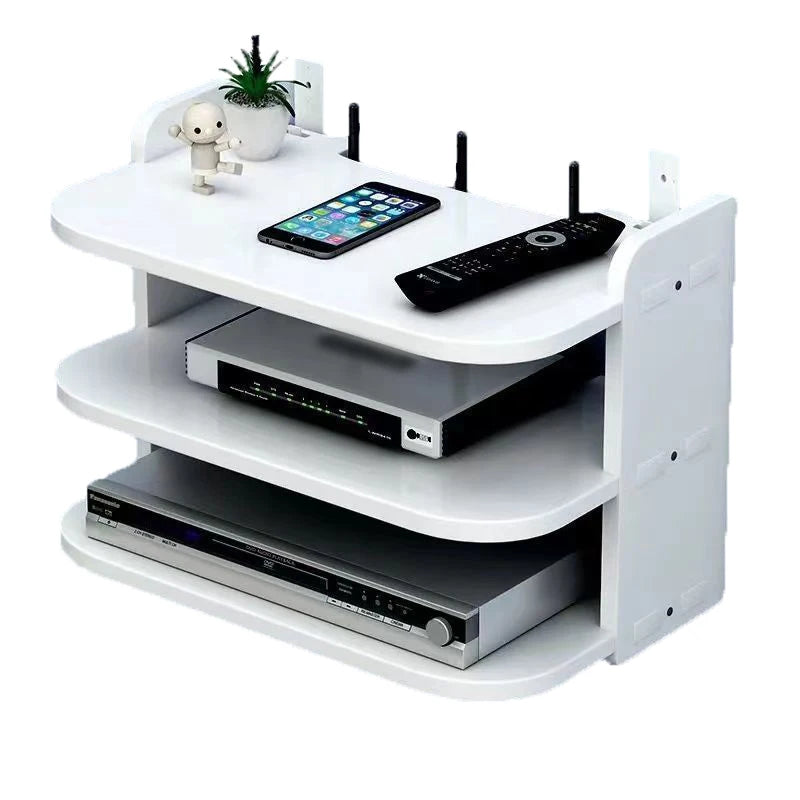 support mural blanc moderne étagère électronique rangement minimaliste multiprise routeur décodeur télécommande