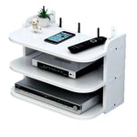 support mural blanc moderne étagère électronique rangement minimaliste multiprise routeur décodeur télécommande