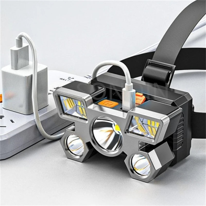 lampe frontale led rechargeable usb bleu noir réglable camping pêche nuit haute luminosité coque