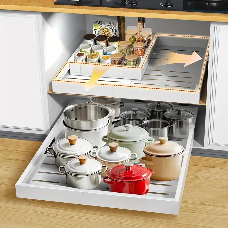 rangements coulissants blancs moderne casseroles épices condiments cuisine plateaux métal rails blanc argenté rouge