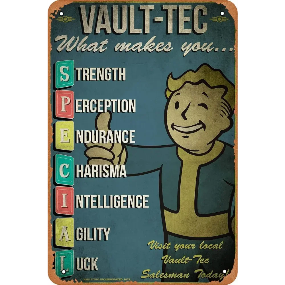 plaque métallique vintage illustration personnage souriant vault tec décoration murale rétro couleur bleu doré