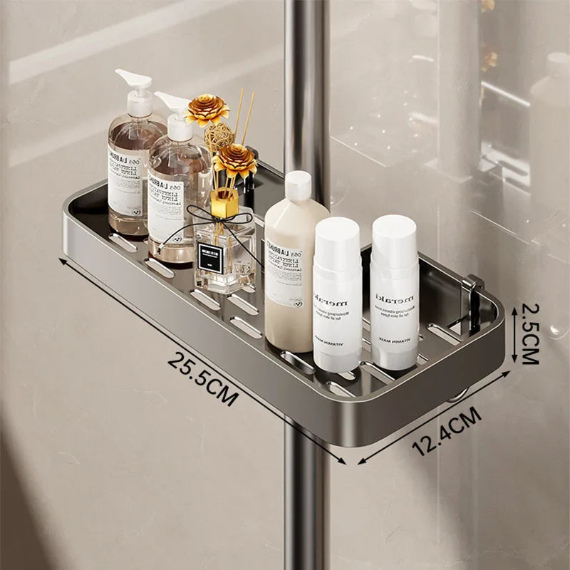 étagère douche moderne aluminium gris lisse salle bain fixée sans percer plateau shampooing cosmétique