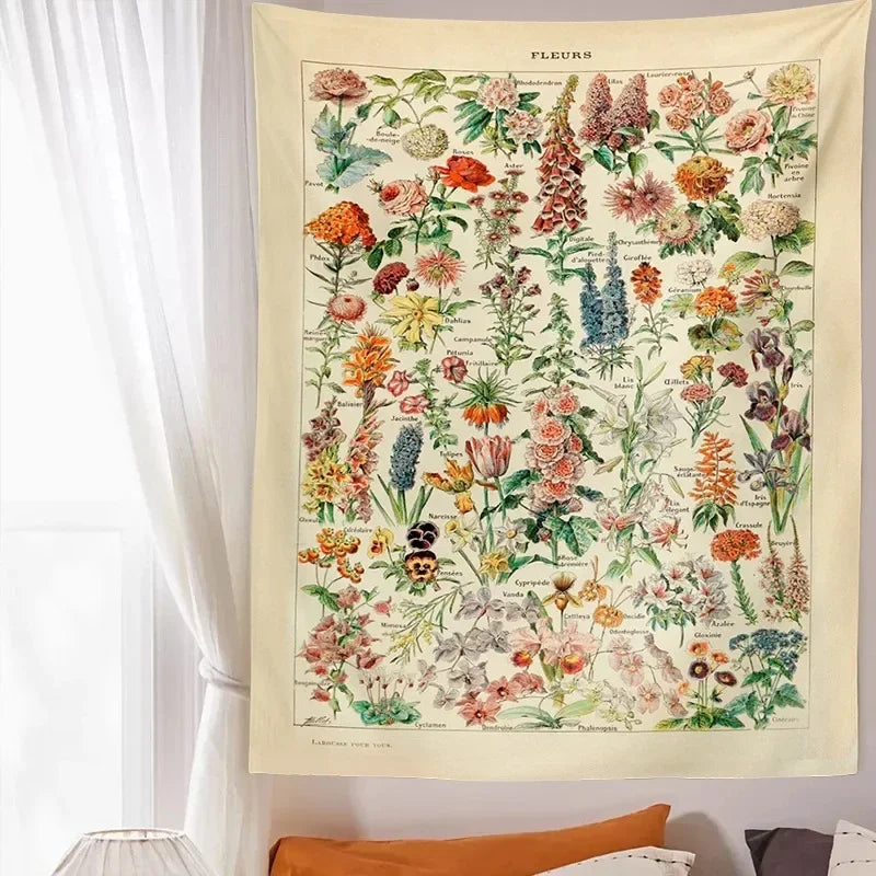 tapisserie murale illustration fleurs champignons vintage décor mur opacité polyester rectangle moderne