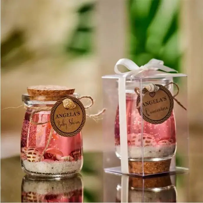 bougie verre étoiles mer coquillages sable transparent rose anniversaire mariage noël festive