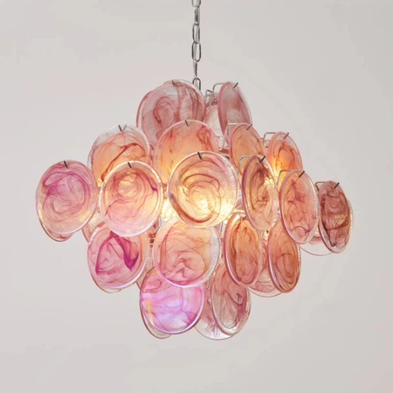 suspension lumineuse moderne rose verte verre transparent chaîne métallique 65cm 65cm