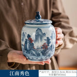 pot thé céramique blanc bleu paysage chinois couvercle fleurs montagnes arbre traditionnel