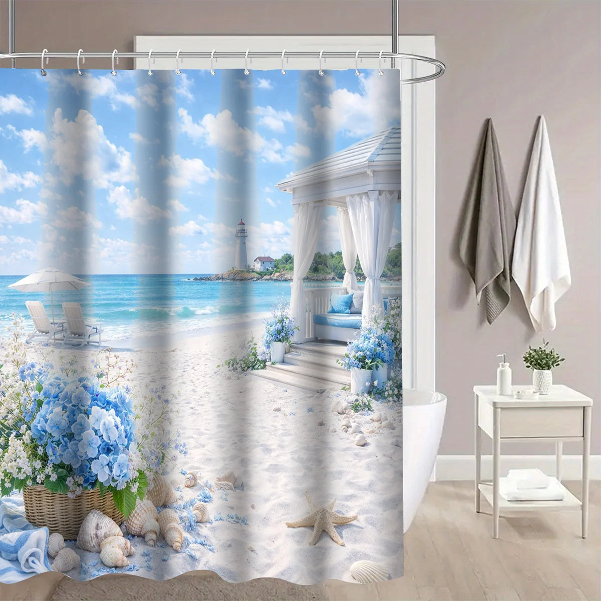 rideau douche plage marine imprimé coquillages cabane fleurs bleues romantique crochets côtelé polyester