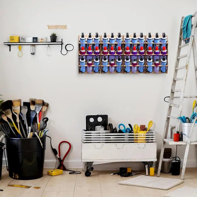 rangement mural étagère bois naturelle moderne adhésif bouteilles pots organisation atelier studio